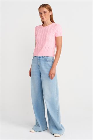 Bisiklet Yaka Dokulu Triko Bluz-Pembe 10788-2Y6