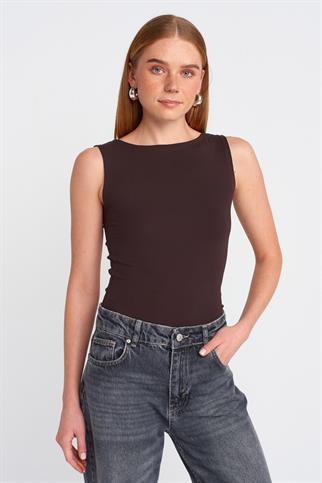 BİSİKLET YAKA KOLSUZ KAHVE  KADIN BLUZ 20868-2Y5