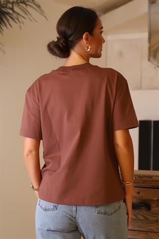 KISA KOLLU SIFIR YAKA KAHVE KADIN T-SHİRT 30312-2Y4