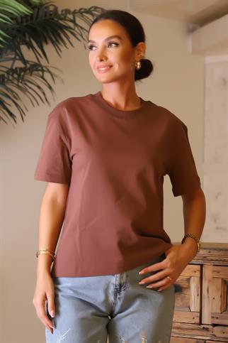 KISA KOLLU SIFIR YAKA KAHVE KADIN T-SHİRT 30312-2Y4