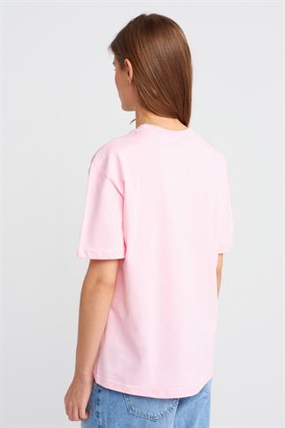 SIFIR YAKA KISA KOLLU PEMBE KADIN T-SHİRT  30312-2Y5