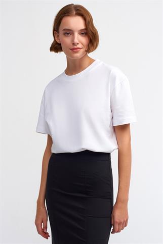 SIFIR YAKA KISA KOLLU BEYAZ  KADIN T-SHİRT 30312-2Y5