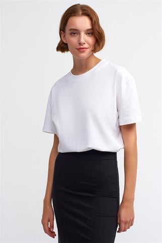 %100 Pamuk Dekoratif Dikişli Bisiklet Yaka T-shirt-Beyaz 30312-2Y6