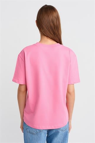 %100 Pamuk Dekoratif Dikişli Bisiklet Yaka T-shirt-Pembe 30312-2Y6