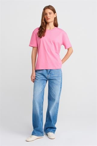 %100 Pamuk Dekoratif Dikişli Bisiklet Yaka T-shirt-Pembe 30312-2Y6