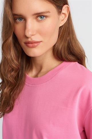 %100 Pamuk Dekoratif Dikişli Bisiklet Yaka T-shirt-Pembe 30312-2Y6