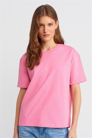 %100 Pamuk Dekoratif Dikişli Bisiklet Yaka T-shirt-Pembe 30312-2Y6