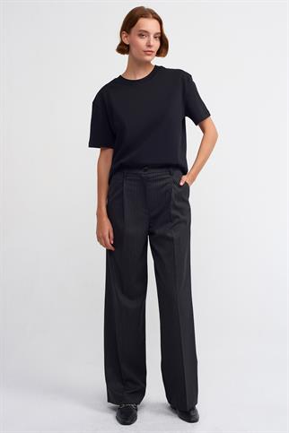 %100 Pamuk Dekoratif Dikişli Bisiklet Yaka T-shirt-Siyah 30312-2Y6