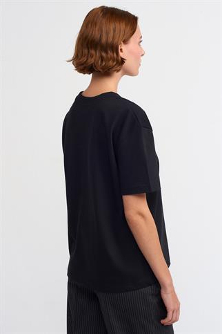 %100 Pamuk Dekoratif Dikişli Bisiklet Yaka T-shirt-Siyah 30312-2Y6