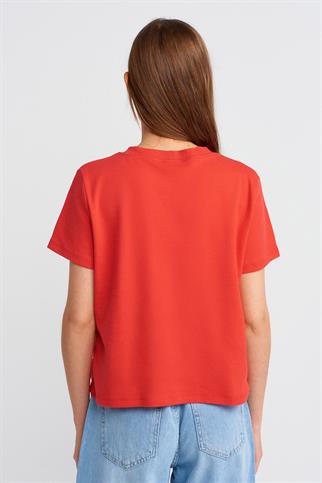 KALP BASKILI KISA KOLLU KIRMIZI  KADIN T-SHİRT 30584-2Y5