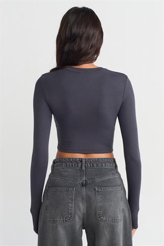Uzun Kollu Antrasit Kadın Crop 31236-2K5