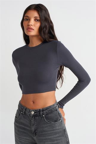 Uzun Kollu Antrasit Kadın Crop 31236-2K5