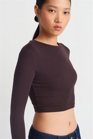 Uzun Kollu Kahve Kadın Crop 31236-2K5