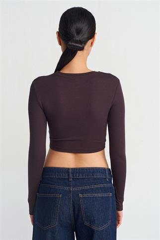 Uzun Kollu Kahve Kadın Crop 31236-2K5