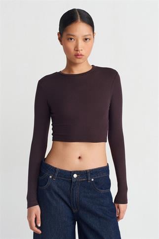 Uzun Kollu Kahve Kadın Crop 31236-2K5