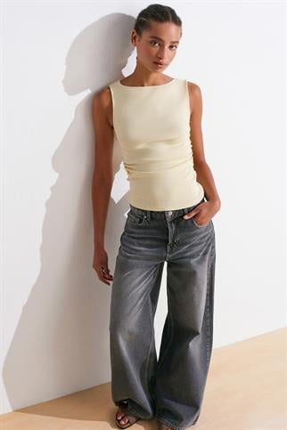 Büzgülü Kayık Yaka Top-Açık Sarı 31589-2Y6