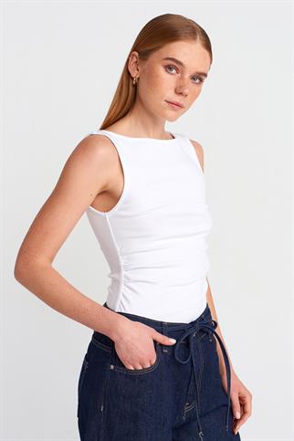 Büzgülü Kayık Yaka Top-Beyaz 31589-2Y6