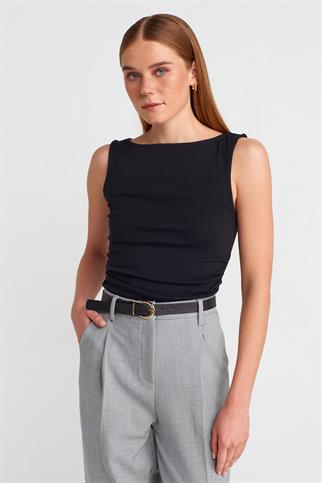 Büzgülü Kayık Yaka Top-Siyah 31589-2Y6