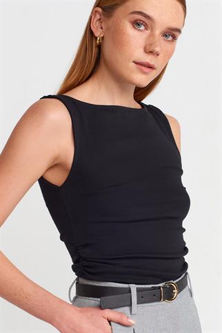 Büzgülü Kayık Yaka Top-Siyah 31589-2Y6