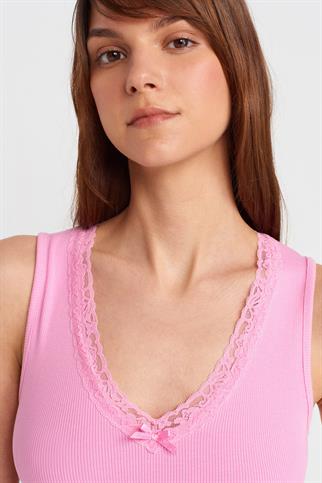 DANTEL DETAYLI KOLSUZ PEMBE KADIN CROP 31778-2Y5