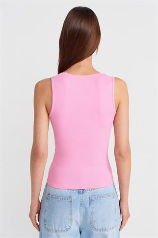 DANTEL DETAYLI KOLSUZ PEMBE KADIN CROP 31778-2Y5