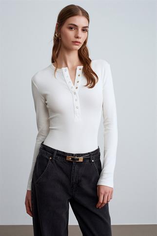 Çıtçıtlı Modal Karışımlı Top-Ekru 32024-2Y6