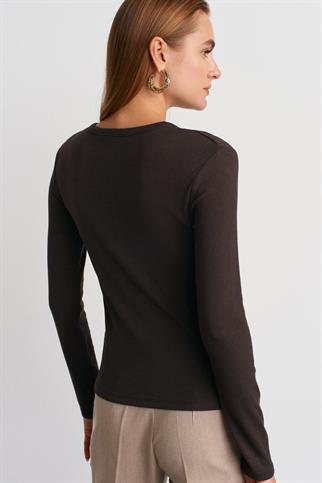 Çıtçıtlı Modal Karışımlı Top-Koyu Kahve 32024-2Y6