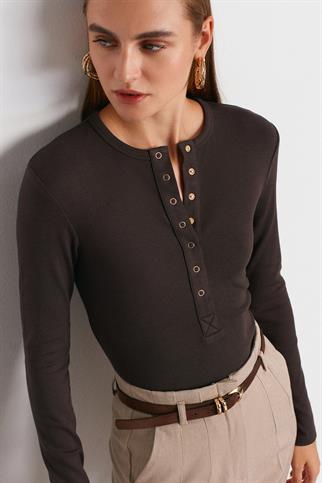 Çıtçıtlı Modal Karışımlı Top-Koyu Kahve 32024-2Y6