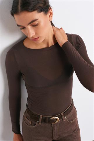 Kayık Yaka Modal Kaşmir Ultra Hafif Bluz-Kahve 32122-2Y6