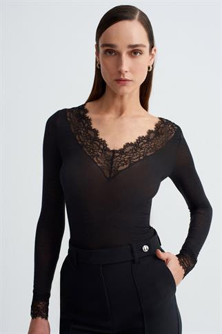 Dantelli Kaşmir Bluz-Siyah 32311-2Y6