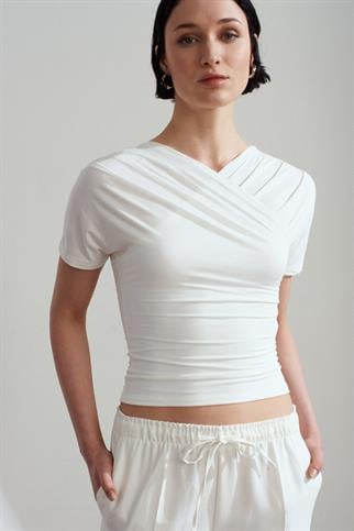 Drapeli Kısa Kollu Top-Ekru 32659-2Y6