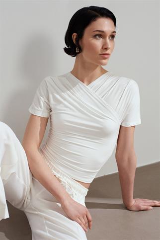 Drapeli Kısa Kollu Top-Ekru 32659-2Y6