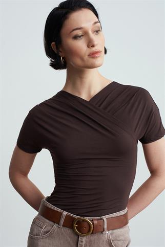 Drapeli Kısa Kollu Top-Koyu Kahve 32659-2Y6