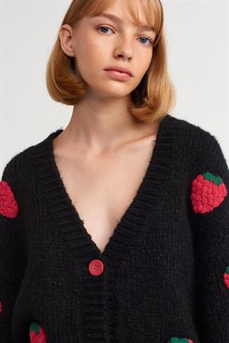 V Yaka Çilek Nakışlı Balon Kol  Siyah Kadın Triko 60185-2K5