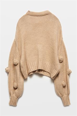 V YAKA EL İŞİ GÜL NAKIŞLI BEJ KADIN HIRKA 60216-2K5