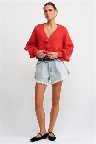 V YAKA EL İŞİ GÜL NAKIŞLI KIRMIZI KADIN HIRKA 60216-2K5