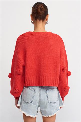 V YAKA EL İŞİ GÜL NAKIŞLI KIRMIZI KADIN HIRKA 60216-2K5