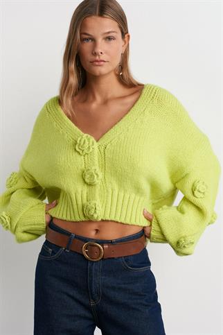 V YAKA EL İŞİ GÜL NAKIŞLI LİME KADIN HIRKA 60216-2K5