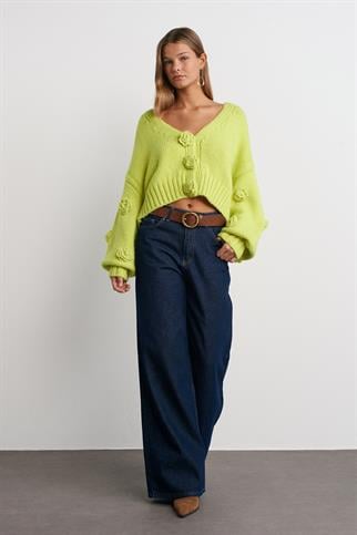 V YAKA EL İŞİ GÜL NAKIŞLI LİME KADIN HIRKA 60216-2K5