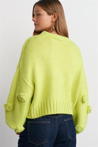 V YAKA EL İŞİ GÜL NAKIŞLI LİME KADIN HIRKA 60216-2K5