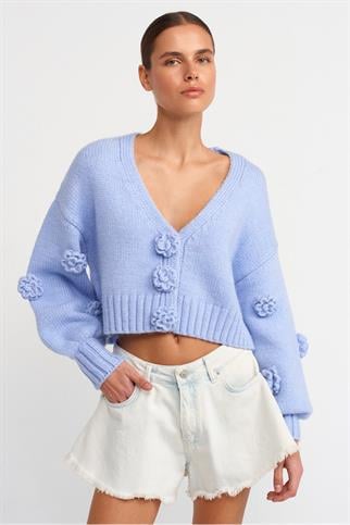 V YAKA EL İŞİ GÜL NAKIŞLI MAVİ KADIN HIRKA 60216-2K5