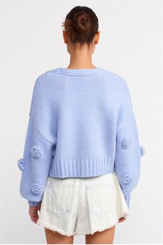 V YAKA EL İŞİ GÜL NAKIŞLI MAVİ KADIN HIRKA 60216-2K5