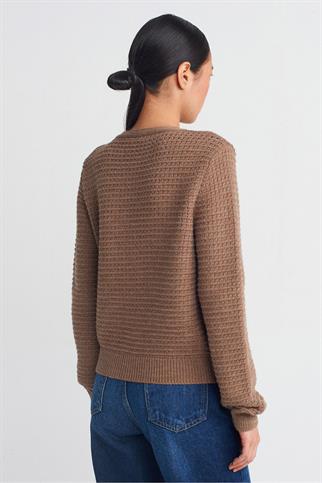 BİSİKLET YAKA DÜĞMELİ VİZON KADIN HIRKA 60261-2K5