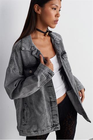 UZUN KOLLU CEPLİ KADIN SİYAH KOT CEKET  65352-2K5