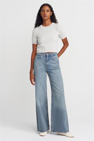 %100 Pamuk Dökümlü Geniş Denim Pantolon-Mavi 72039-2Y6