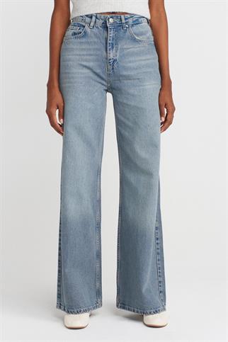 %100 Pamuk Dökümlü Geniş Denim Pantolon-Mavi 72039-2Y6