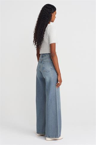 %100 Pamuk Dökümlü Geniş Denim Pantolon-Mavi 72039-2Y6