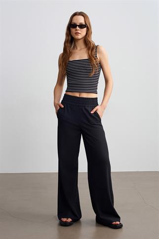 Beli Lastikli Geniş Paça Pantolon-Siyah 72259-2Y6