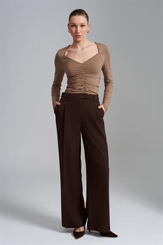 Yüksek Bel Geniş Paça Pantolon-Kahve 72280-2Y6