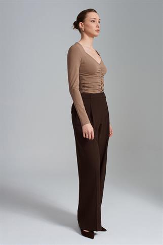 Yüksek Bel Geniş Paça Pantolon-Kahve 72280-2Y6